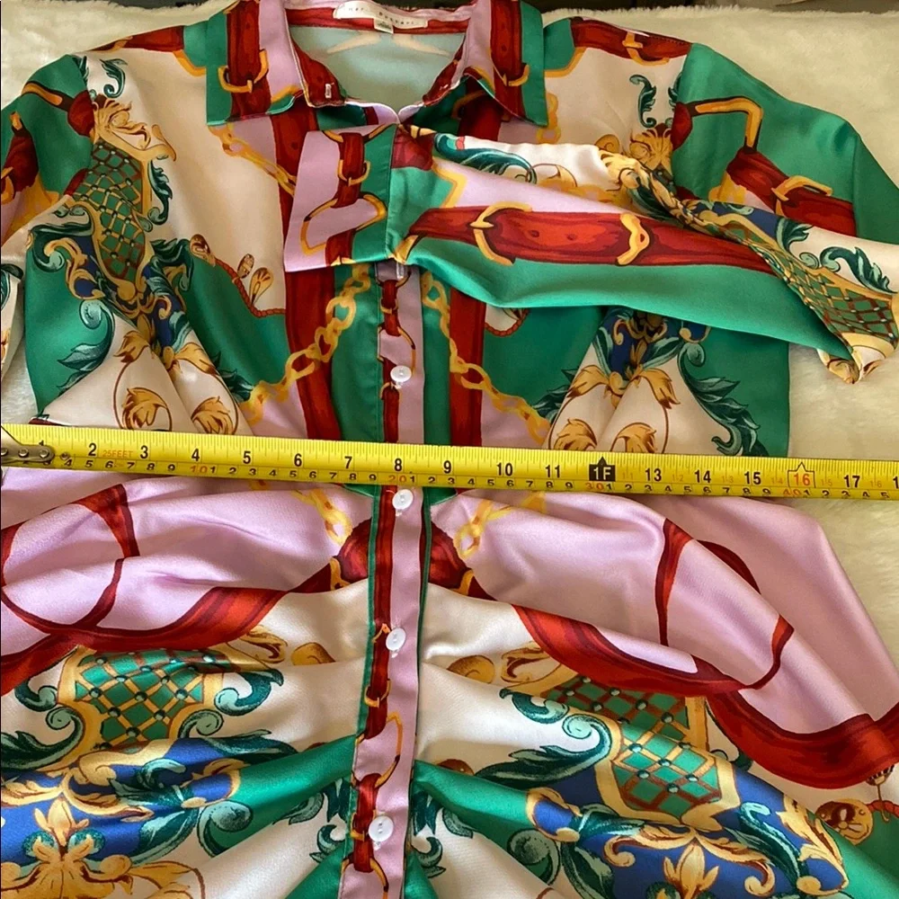 NWOT HER BOTTARI Vibrant Patterned Button-Up Shirt Dress Scarf Print Size L - Picture 9 of 16